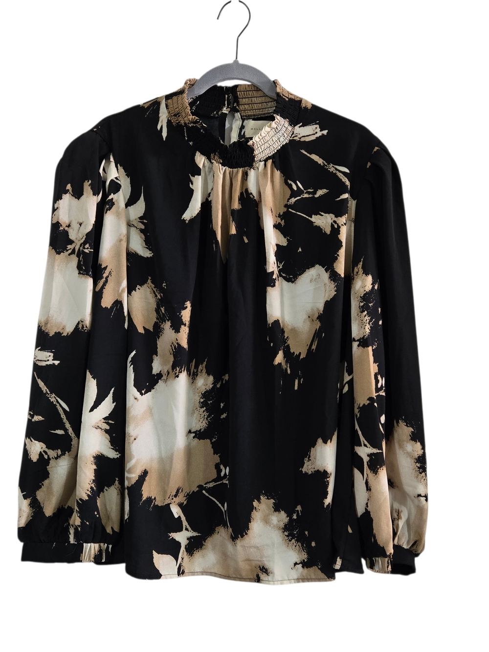 MELLODAY Black Abstract Print Long Sleeve Blouse with Beige & Cream Accents 3X